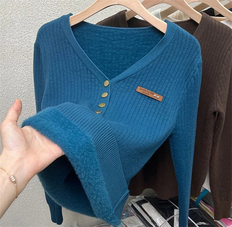 Thick Velvet V-neck Sweater Women Korean Fashion Lined Warm Knitted Pullover