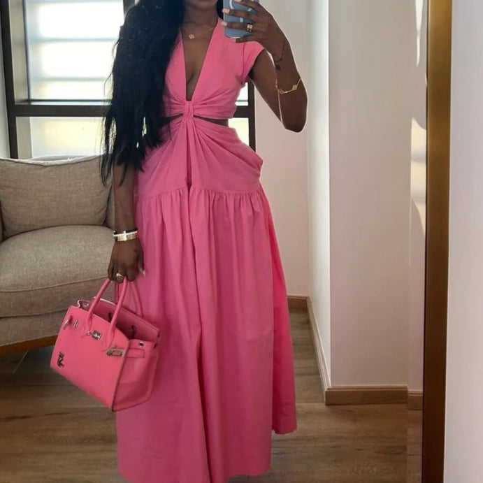 Women Short Sleeve Tie Up Open Waist Deep V-neck Maxi Long Dress