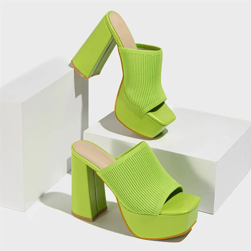 Knitted Platform Slippers Chunky High Heels Women Peep Toe High Heel Slippers