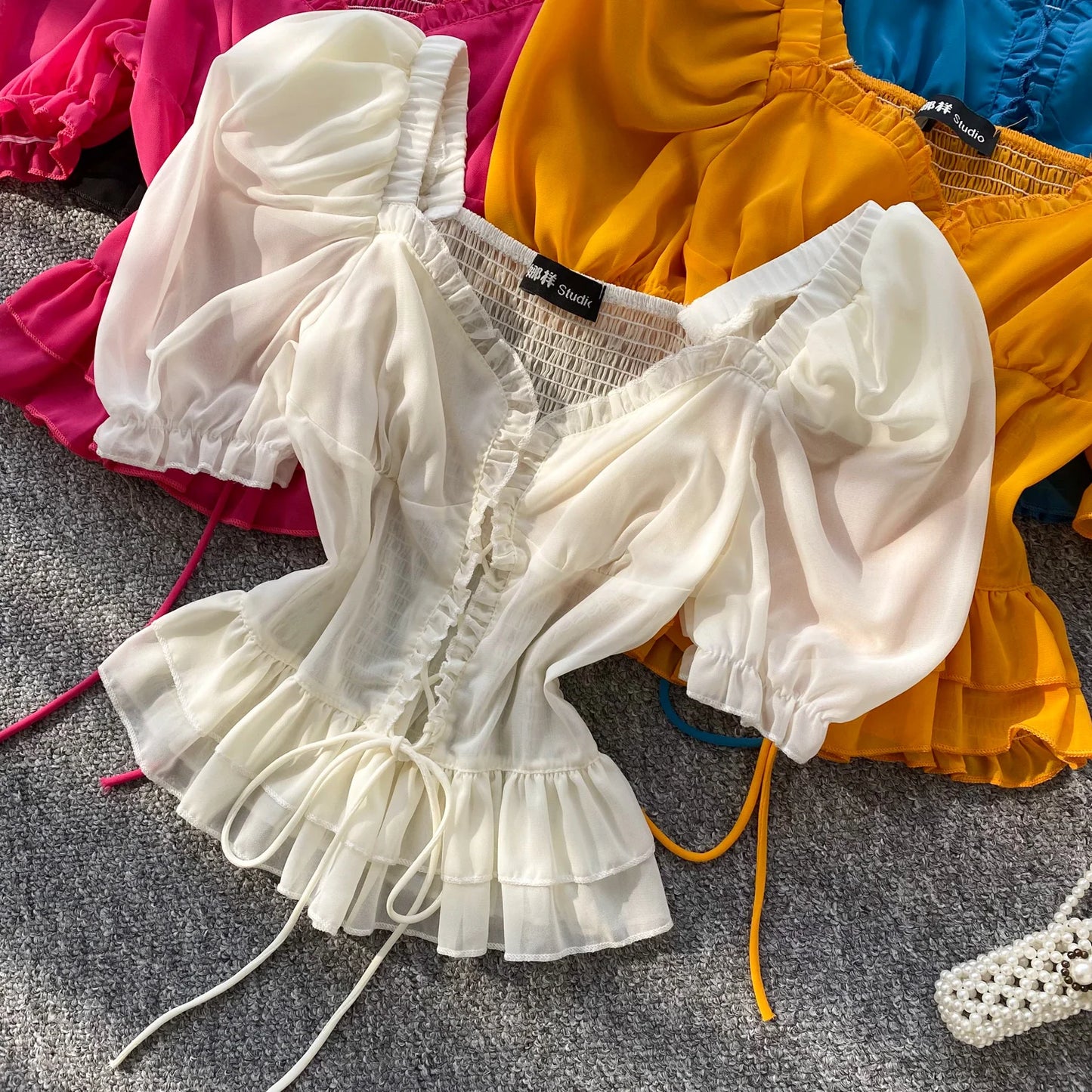 French Style Chiffon Blouse Square Neck Short Sleeves Ruffles Lace Up Beach Top