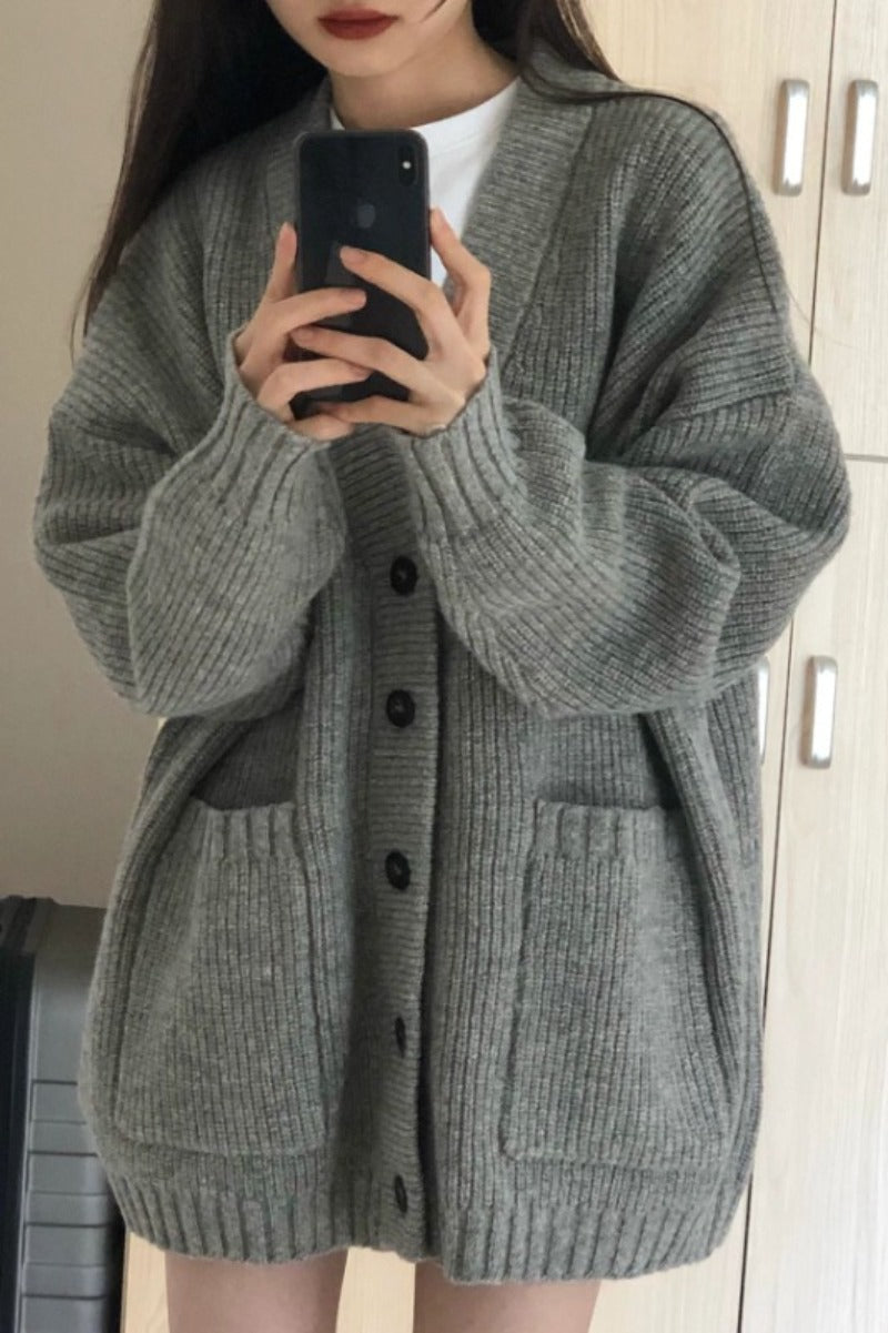 Women Cardigan Long Sleeve V-neck Loose Knitted Sweater Cardigan