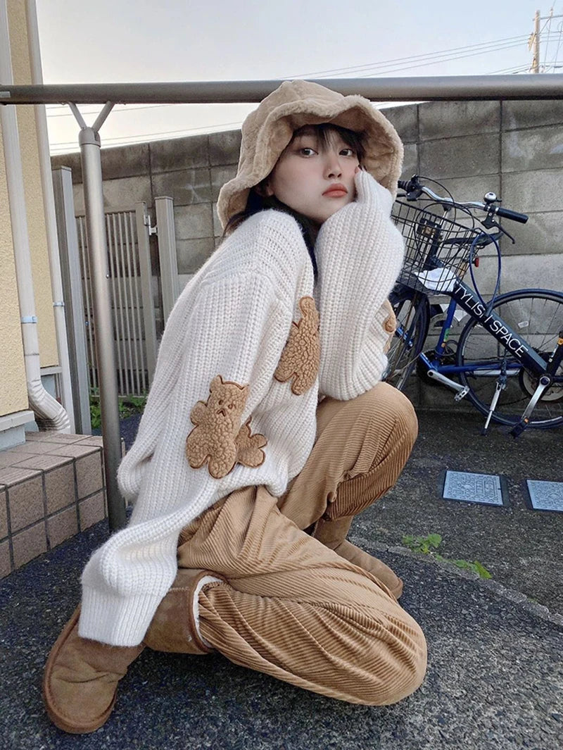 Sweet Cartoon Bear Sweater Women Cute Knitted Pullover Oversized Knitwear