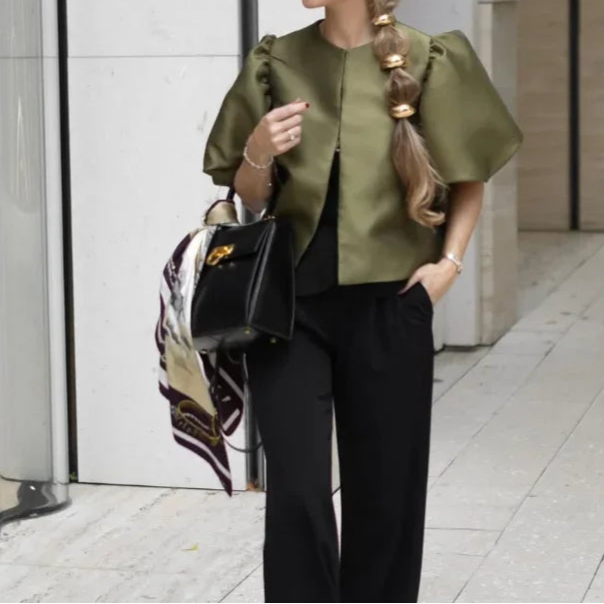 Solid Satin Women's Blouse Top With Pouf Balloon Sleeve O Neck Loose Blouses