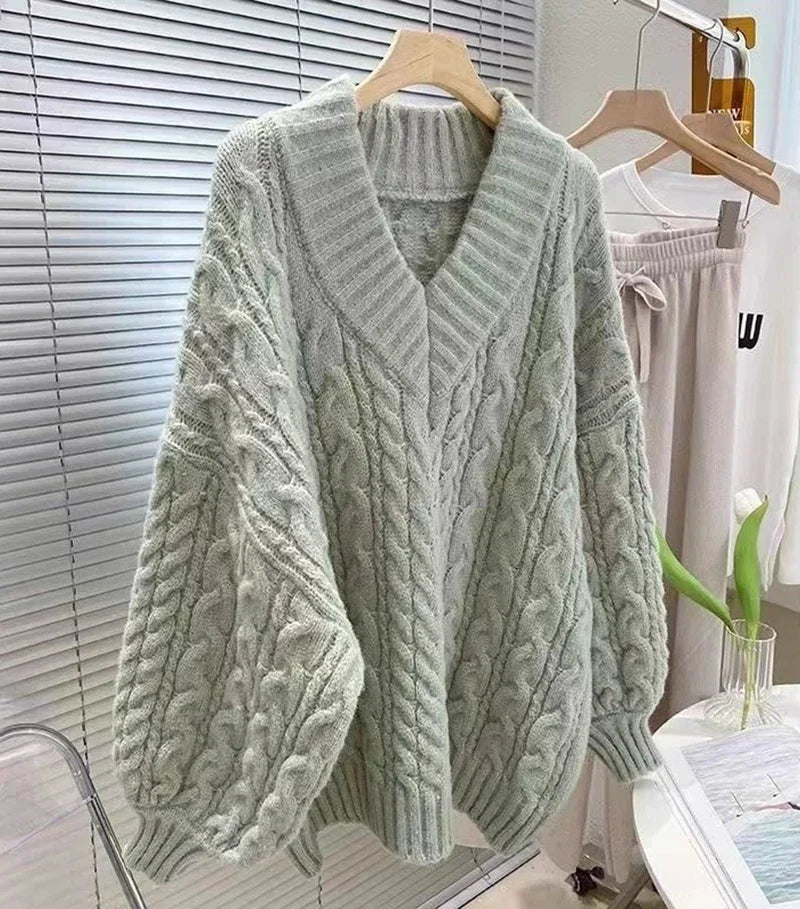 Lantern Sleeve Knit Sweater Women Korean Solid Twist V-Neck Pullover Jumper