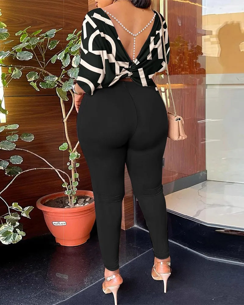 Women's Backless Round Neck Five Quarter Sleeve Pants Two-piece Casual Comfortable Set