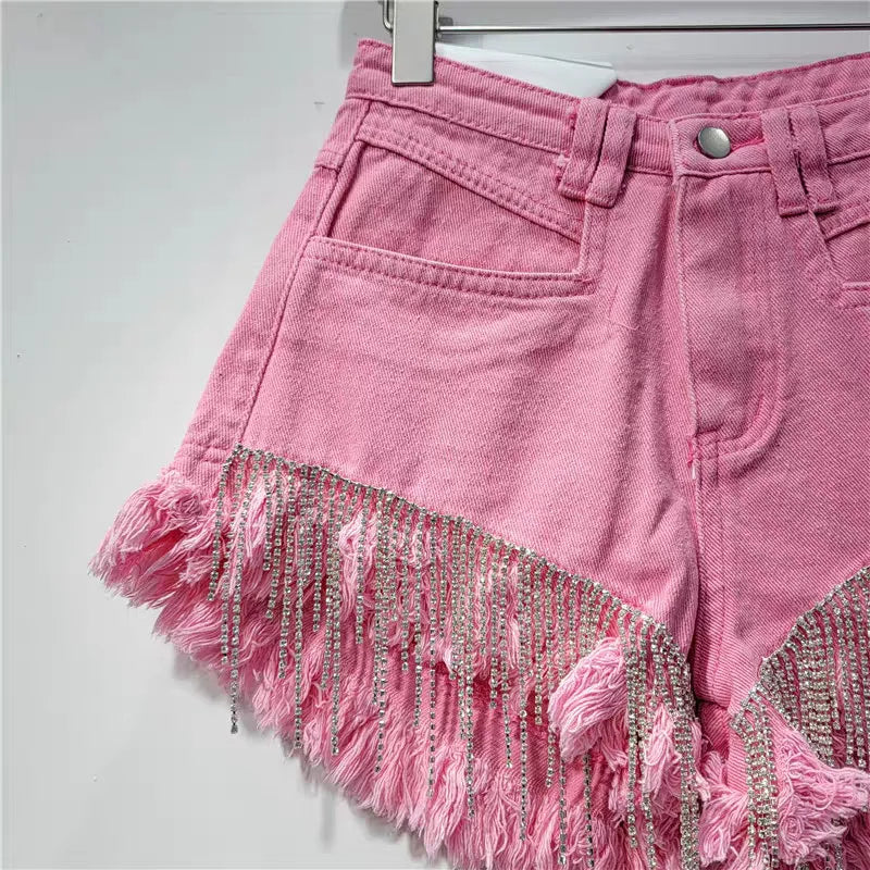 Denim shorts women's heavy industry rhinestone design high waist hot pants