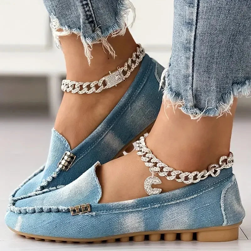 Women Denim Flats Round Toe Thick Bottom Walking Flat Shoes