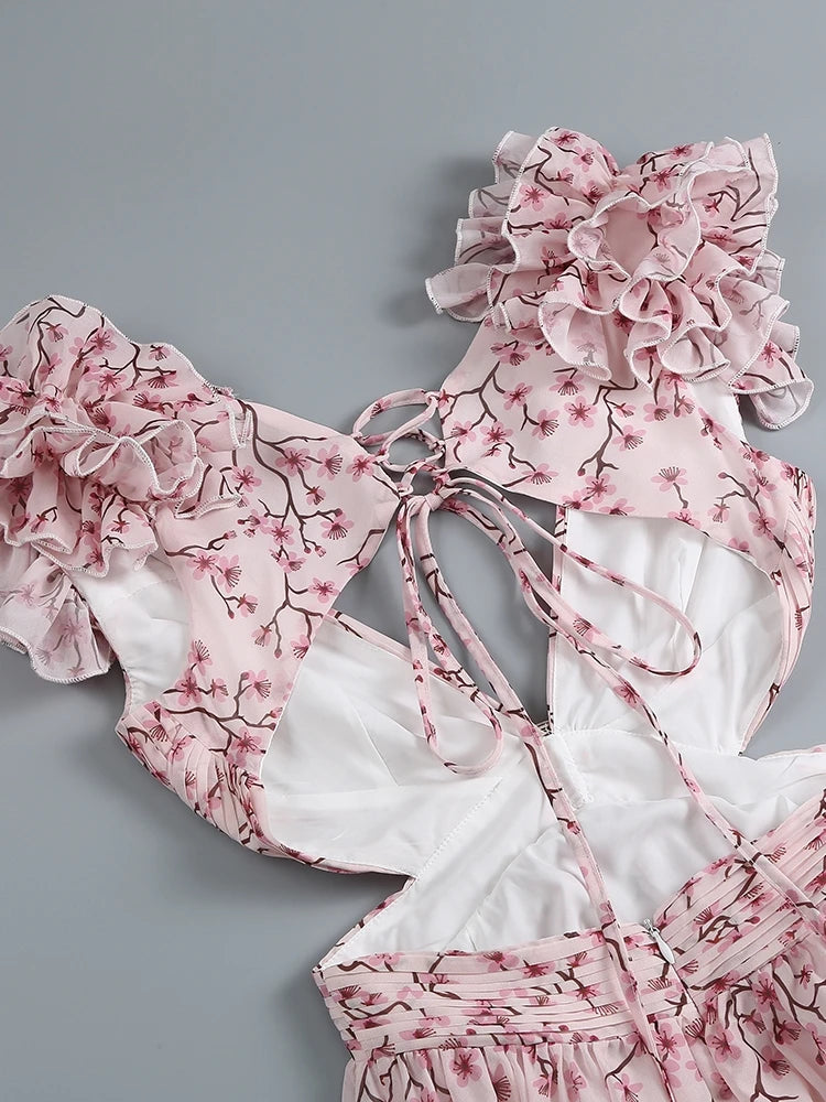 Ruffle Floral Split Vacation Party Beach Dress