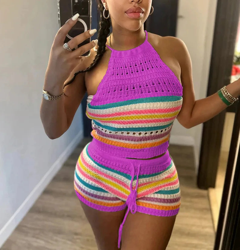 Striped Hollow Out Top & Drawstring Shorts Set Women Two Piece Set Y2k Club Beach Vest Halter Tops Elastic Waist Summer outfit