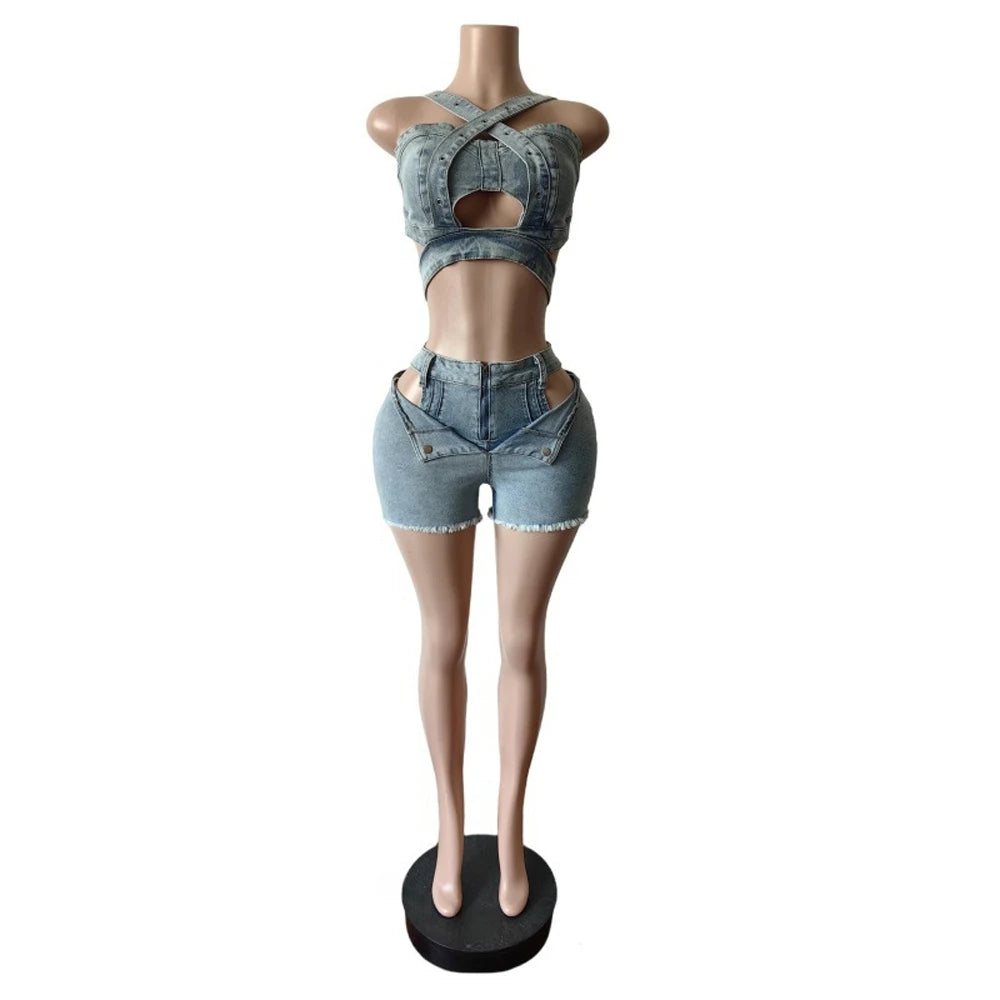 Sexy Jean Women Short Sets Straps Denim Crop Top and Cut Out Shorts Coachella Outfit