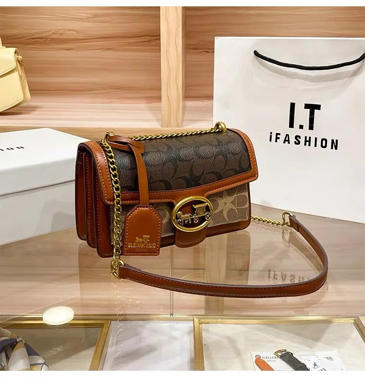 contrasting color women's bag, high-end carriage crossbody bag, portable box bag