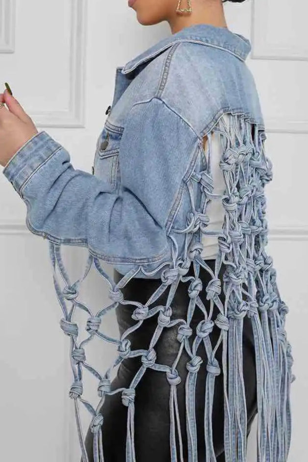 Women Denim Jacket Back Grid Fringe Personalized Jacket Coat