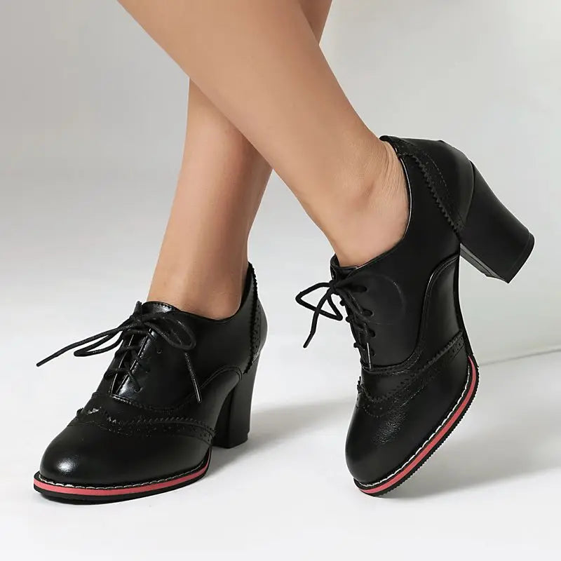 Pump Round Toe Chunky Heels 7.5cm Lace Up Plus Size 45 46 47 48 Office Shoes