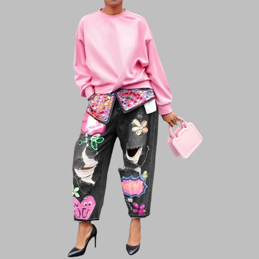 Diamond Splicing Loose Jeans Women High Waist Button Pocket Denim Trousers Casual Female Streetwear