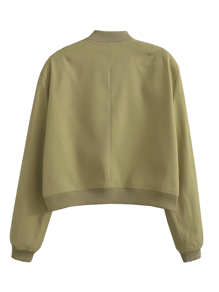 Solid Bomber Jackets Coat With Pockets V-Neck Single Breasted Long Sleeves Jacket