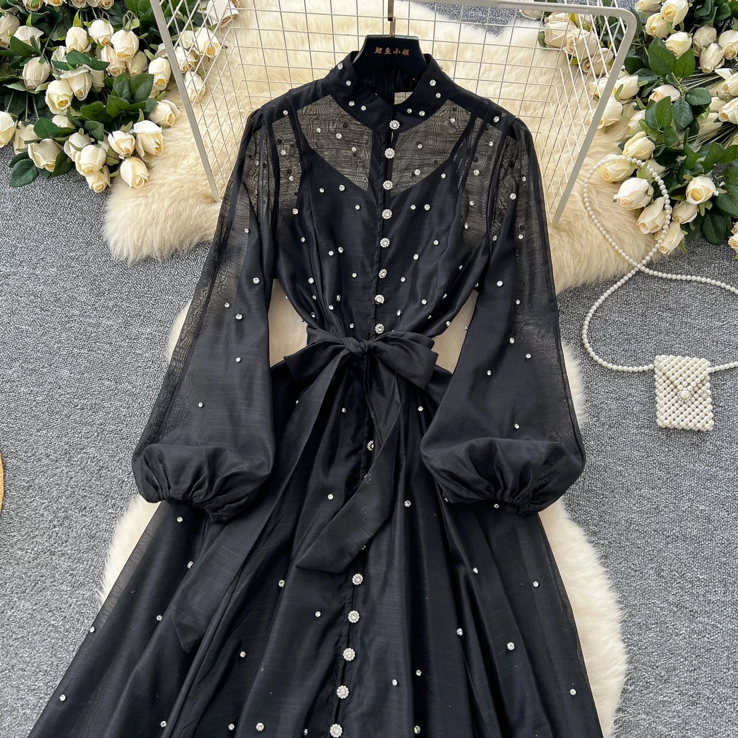 Elegant Lantern Sleeves Vintage Stand Collar Chic Single Breasted Rhinestone Bandage Slim High Street Long Dresses