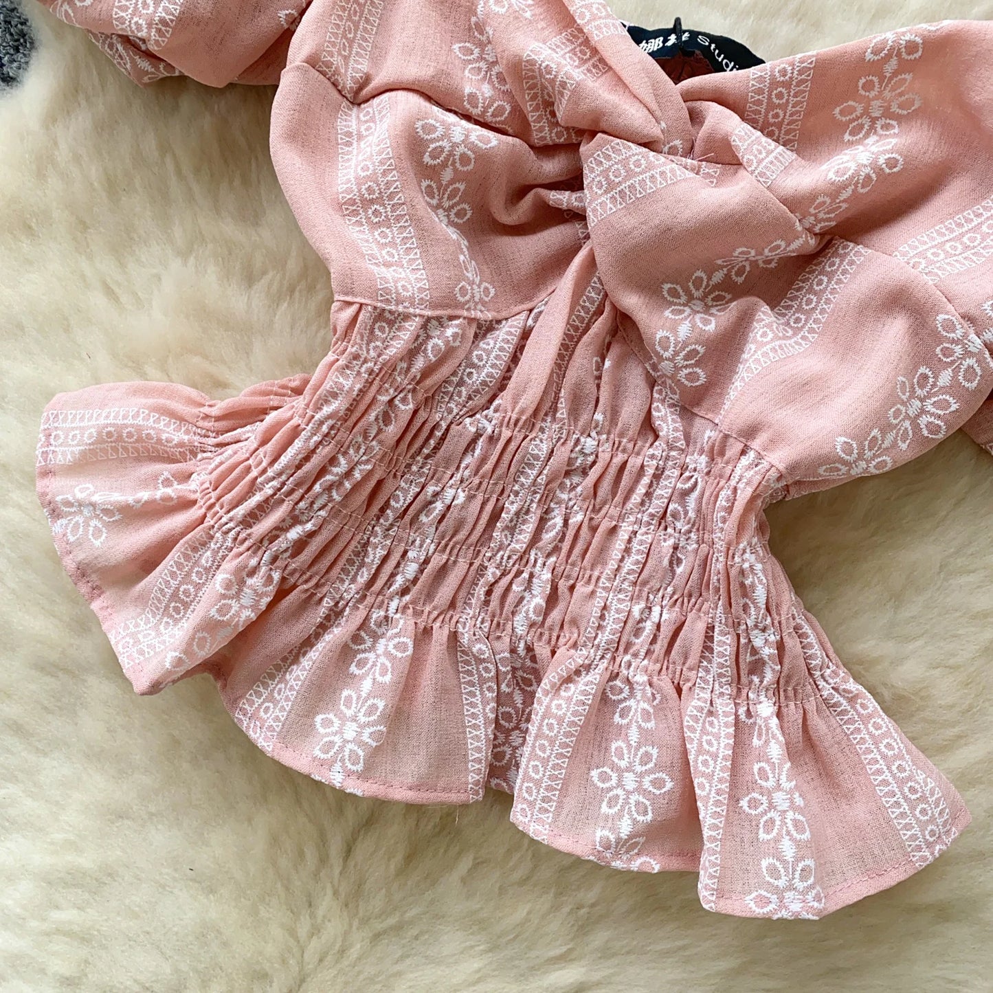Jacquard Blouse Square Collar Puff Sleeves Elastic Slim Crop