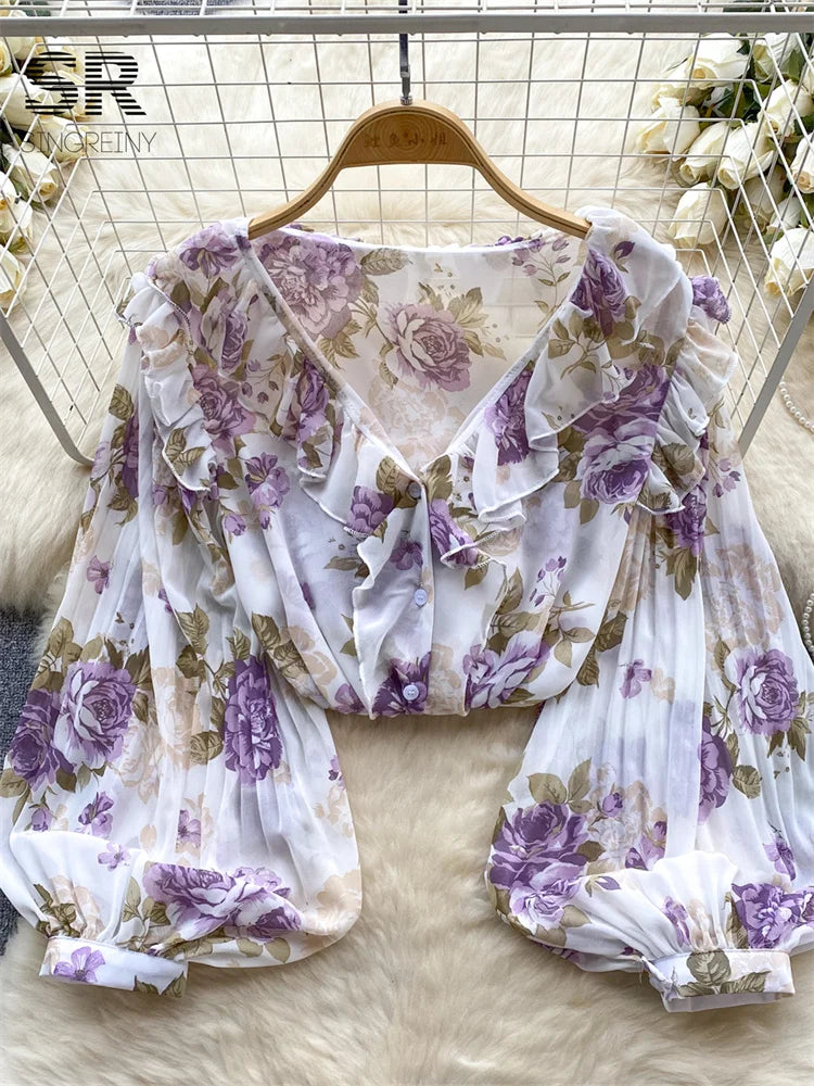 Floral Print Loose Shirt Women Lantern Sleeve V Neck Thin Causal Ruffle Blouse