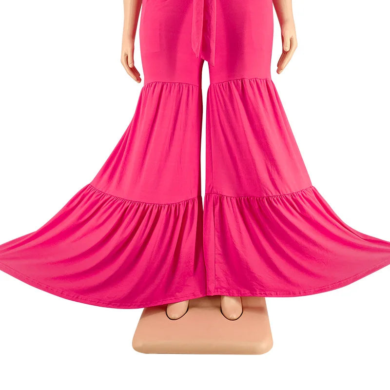 Plus Size Pants Sets Two Piece Outfits Summer Holiday Solid Bandage Top Wide Leg New Matching Suit