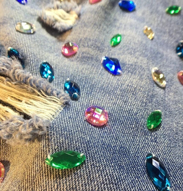Diamond Beaded Denim Knee Length Shorts Summer Loose High Waist Shorts