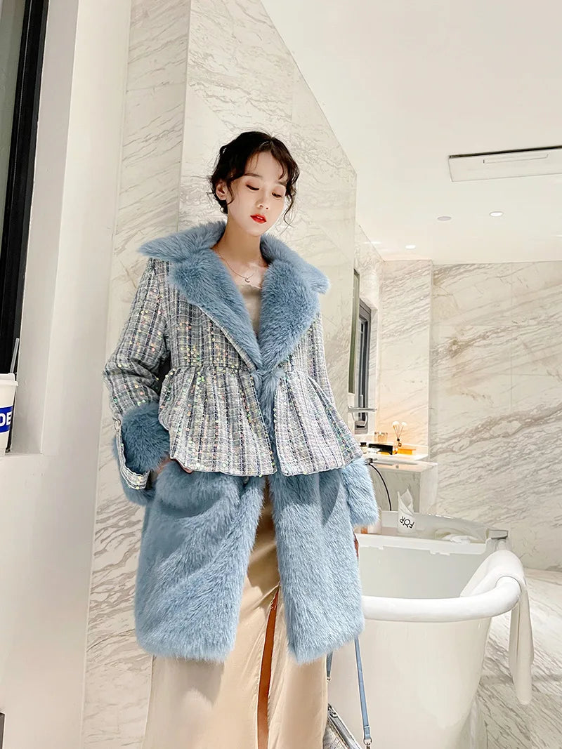 Winter Fur Coat Women Luxury Sequined Wool Faux Fur Long Jacket Fluffy Overcoat