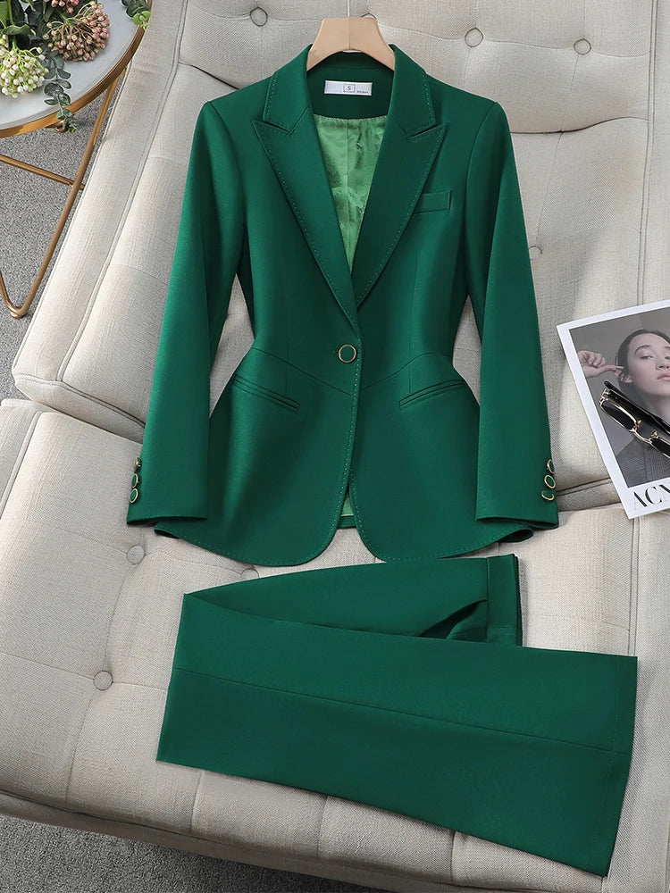 Formal Pant Suit 2 Piece Set Women Green Khaki Red Female Long Sleeve Business Work Wear Blazer
