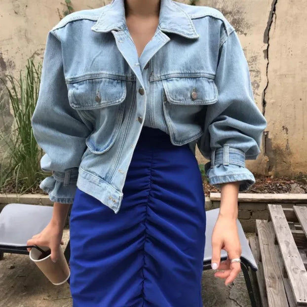 Denim Coats Jackets Women Puff Long Sleeve Y2k Clothes Cropped Jacket
