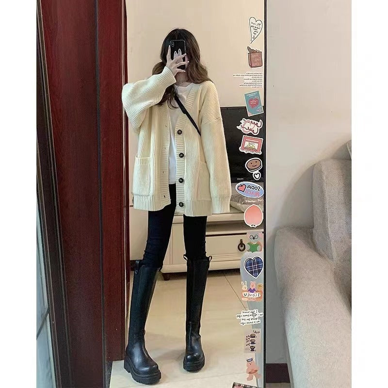 Women Cardigan Long Sleeve V-neck Loose Knitted Sweater Cardigan