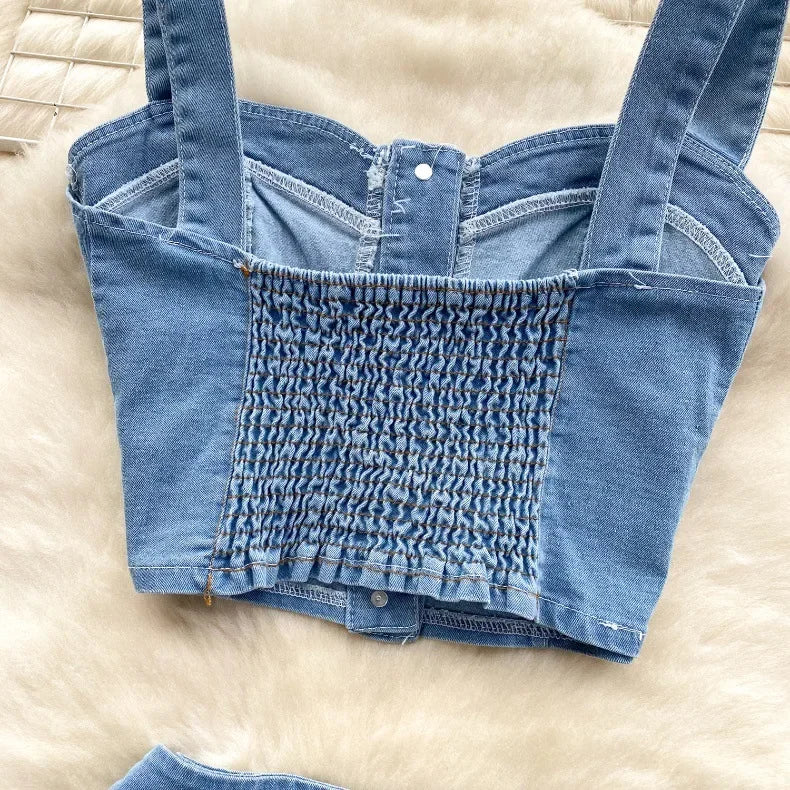 Denim Skirt Stets Two Pieces Sleeveless Tanks Top and Pleated Mini Skirt
