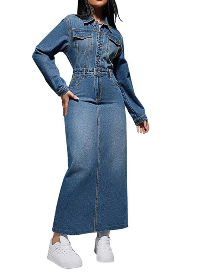 Denim Dress Women Sexy Button Bodycon Maxi Fashion Slip Hem Pockets Maxi Dressers
