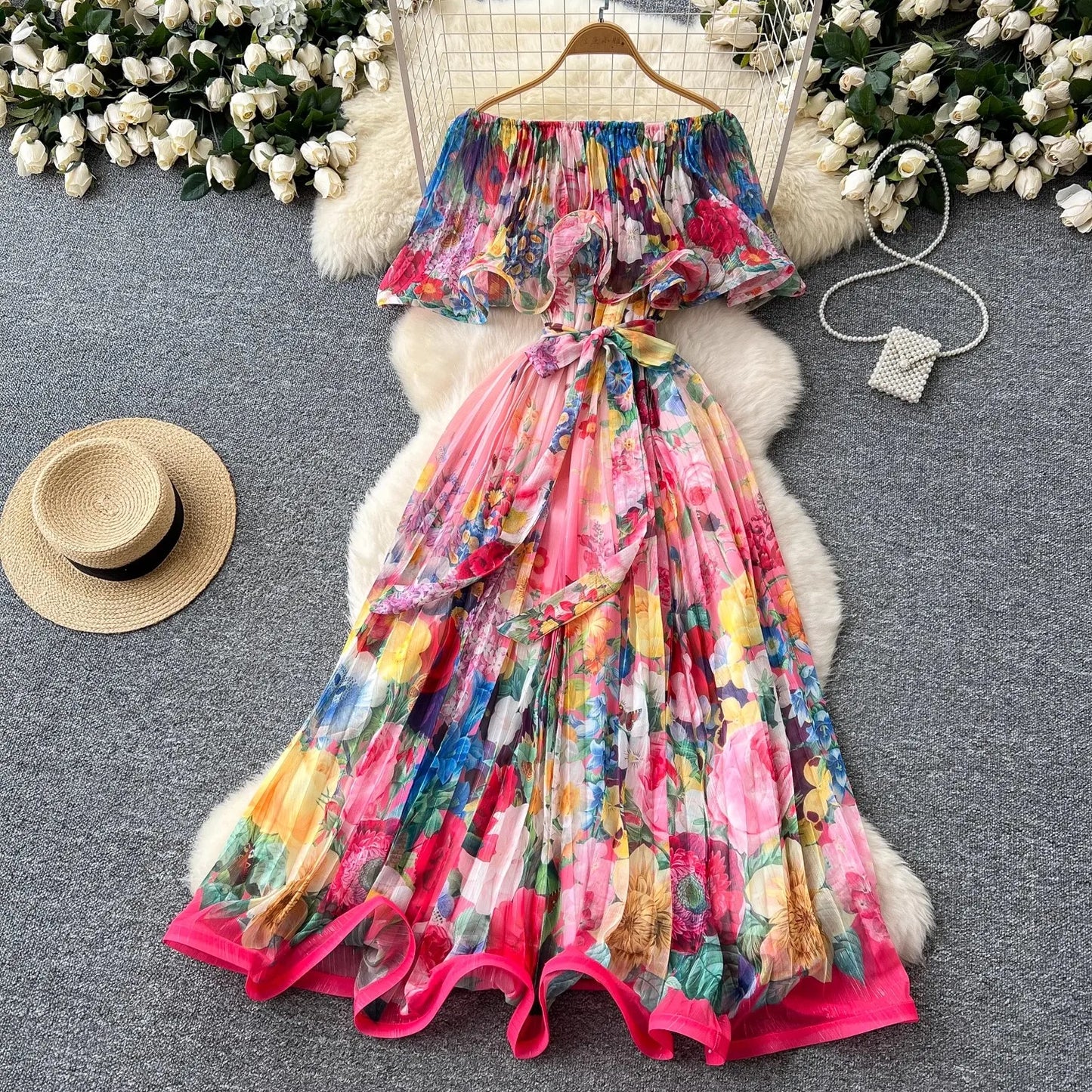 Off Shoulder Gorgeous Flower Holiday Dress Women's Wedding Guest Ruffles Batwing Sleeve Midi Dress