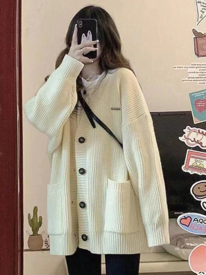 Women Cardigan Long Sleeve V-neck Loose Knitted Sweater Cardigan