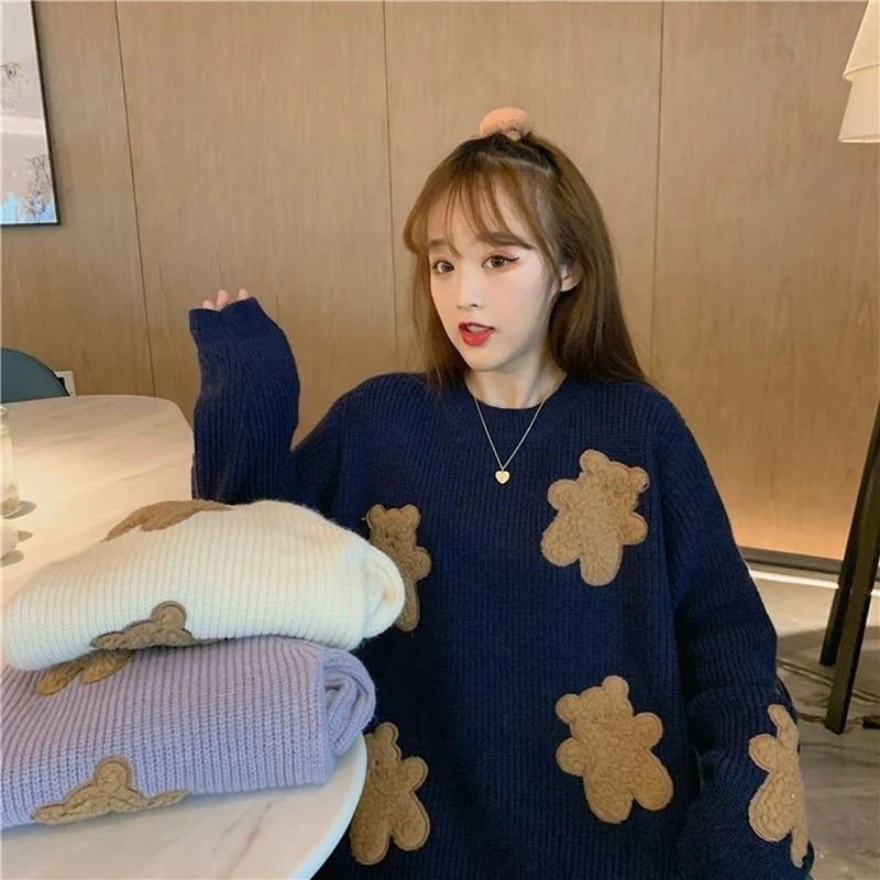 Sweet Cartoon Bear Sweater Women Cute Knitted Pullover Oversized Knitwear