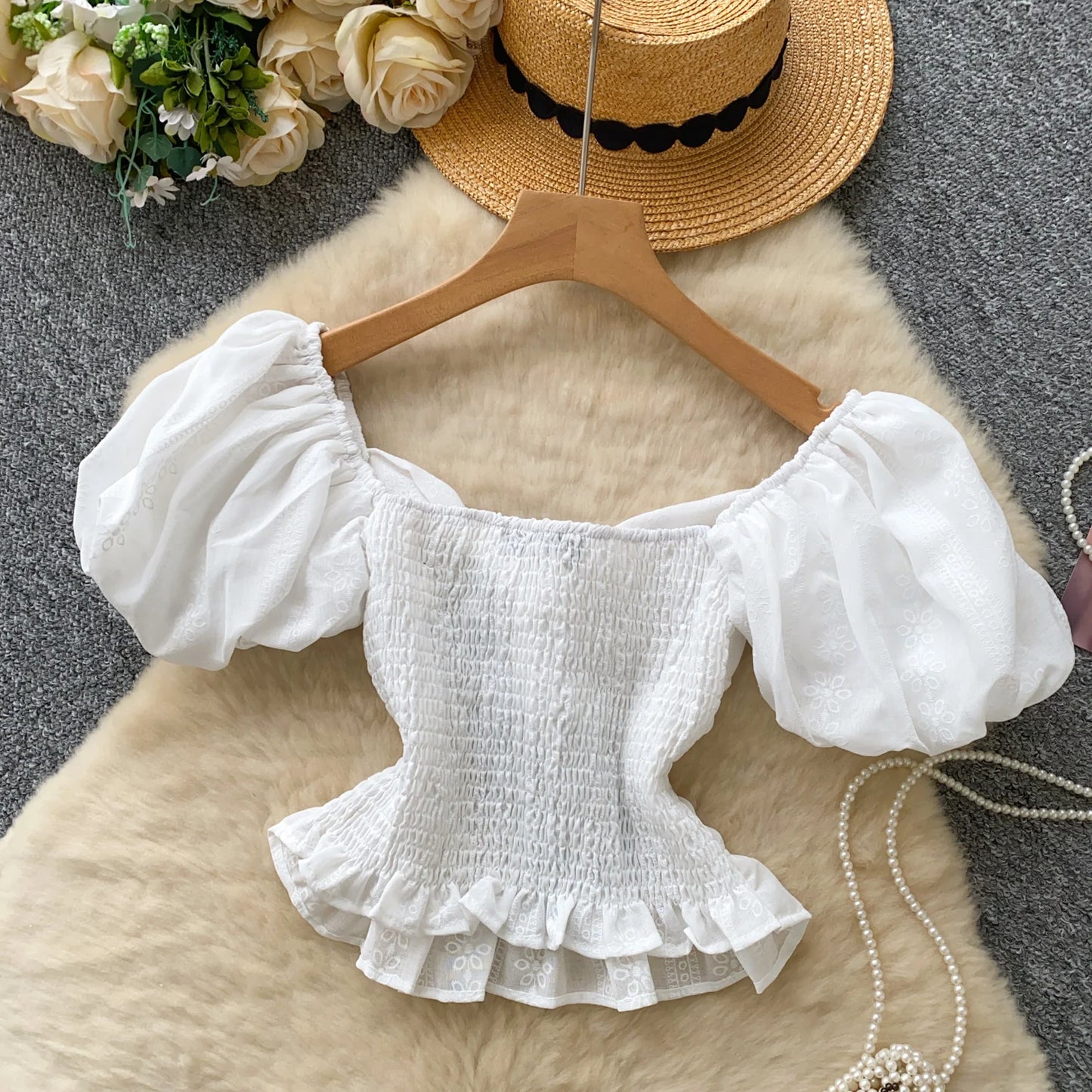 Jacquard Blouse Square Collar Puff Sleeves Elastic Slim Crop