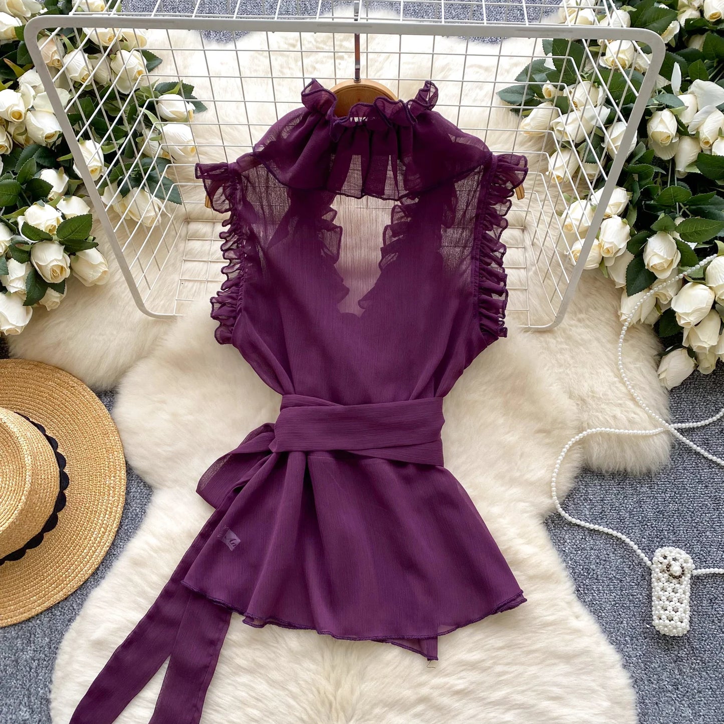 Sweet Ruffles Chiffon Blouses Women Sleeveless V Neck Retro Lace Up Blouse