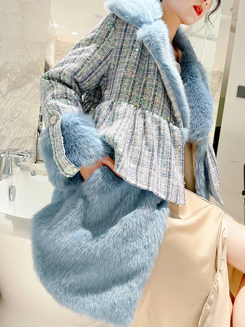 Winter Fur Coat Women Luxury Sequined Wool Faux Fur Long Jacket Fluffy Overcoat