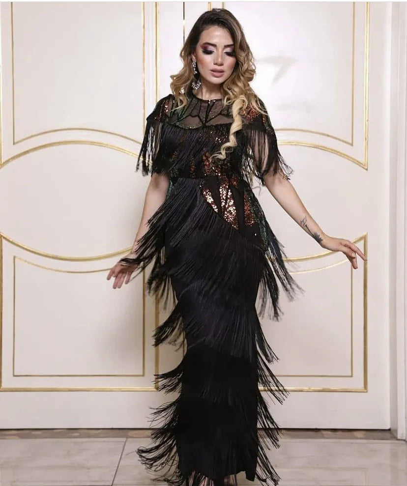 Women Sexy Fringed Embellished Bodycon Celebrity Evening Dress