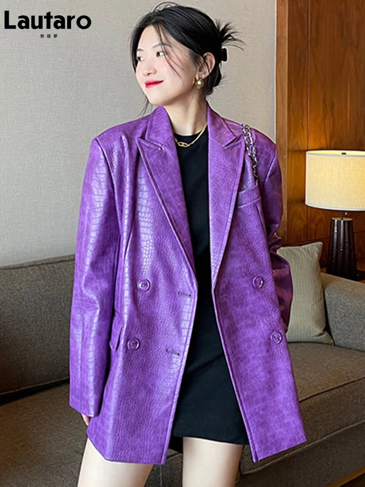 Oversized Shiny Purple Crocodile Pattern Faux Leather Blazer for Women Y2k