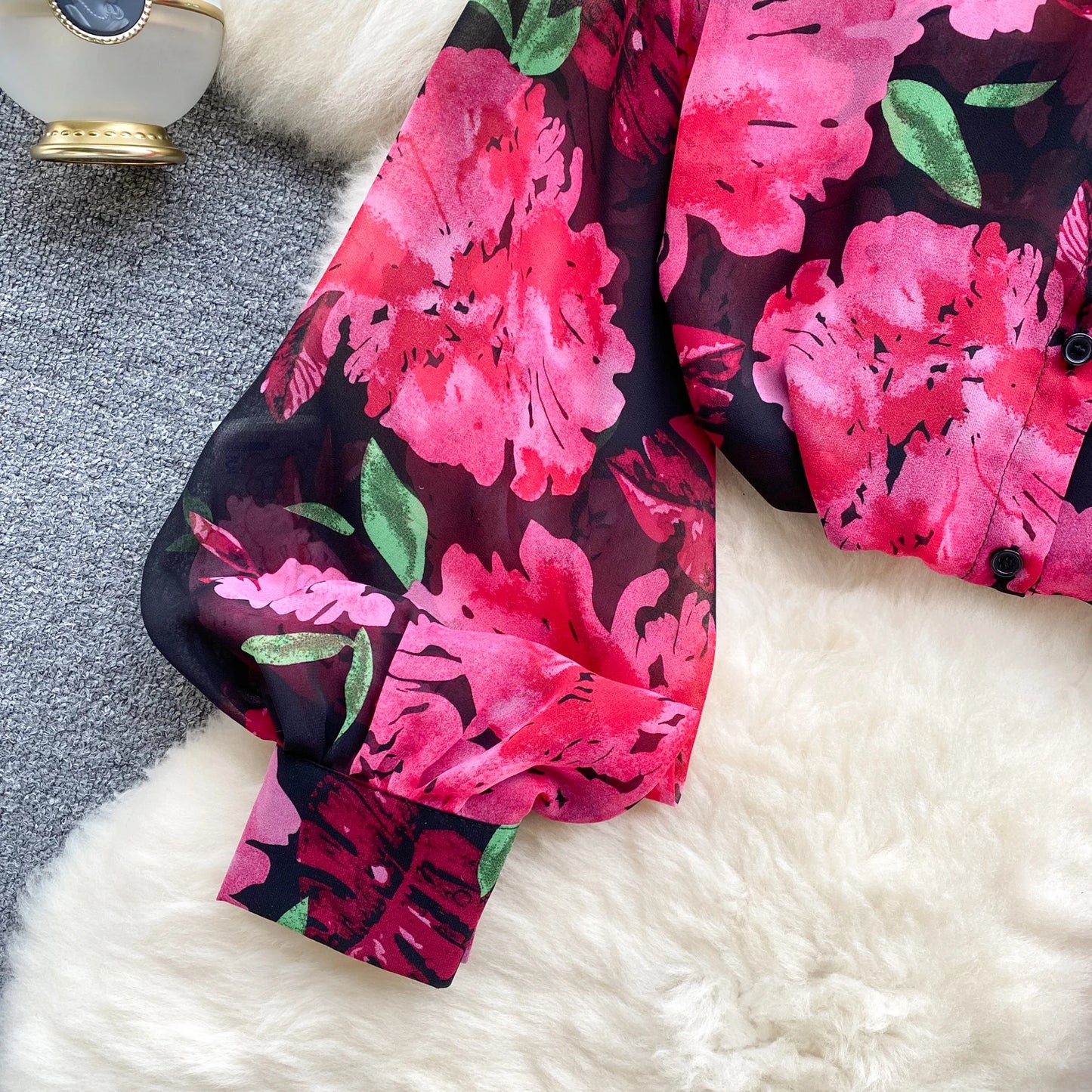 Floral Print Women Shirt Summer Lantern Sleeve Retro French Loose Blouse