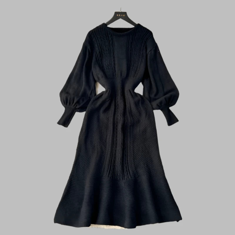 Lazy Style Round Neck Waist Wrapped Slim Mid Length Bubble Sleeve Knitted Dress