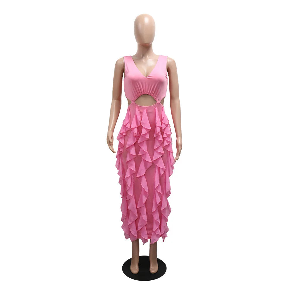 Wedding Guest Dress Women Sleeveless V-neck Ruffle Bodycon Midi Dress Birthday Outfit