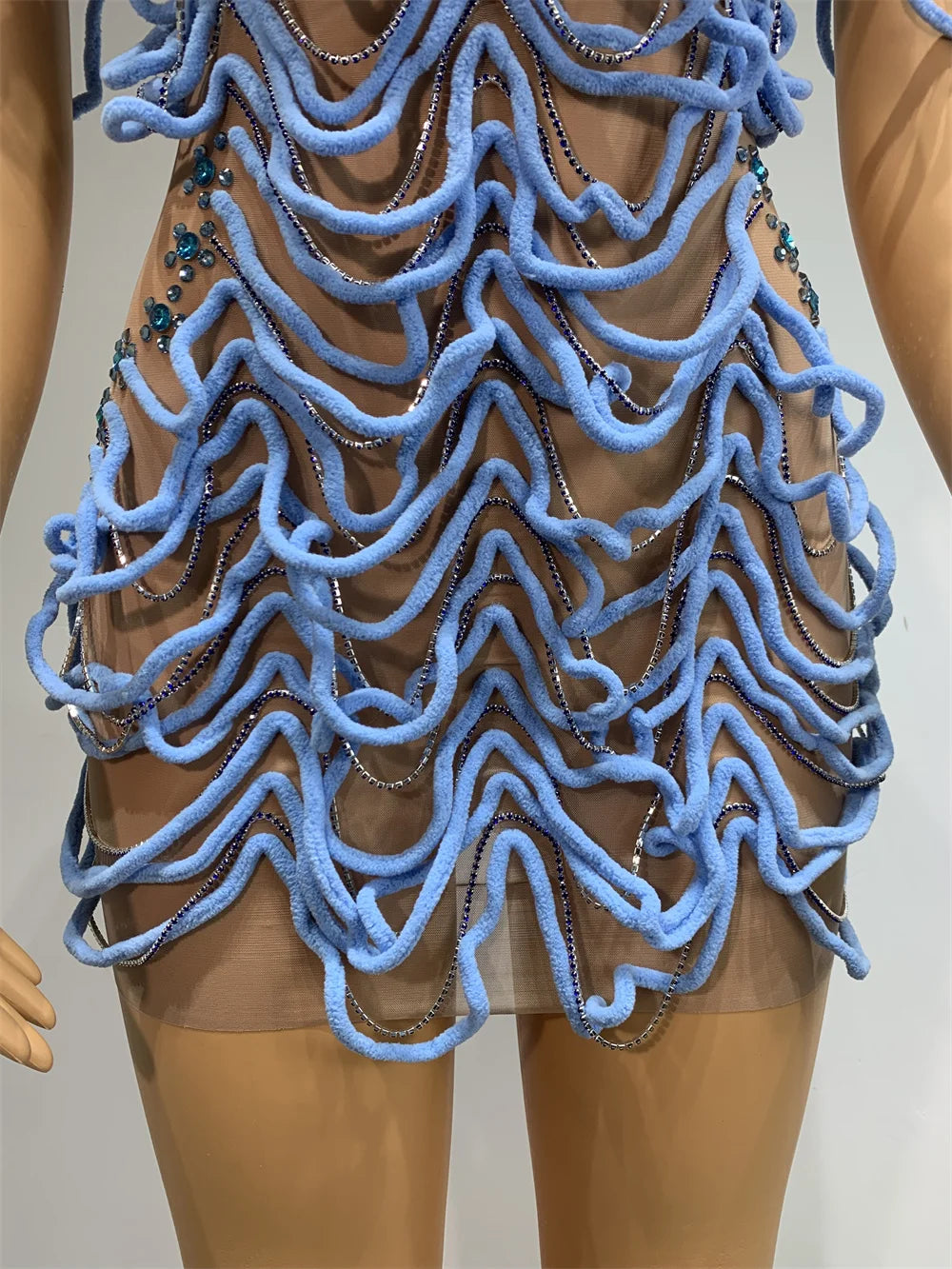 Mesh Rhinestones Chain Mini Dress Nightclub Party Performance Outfit