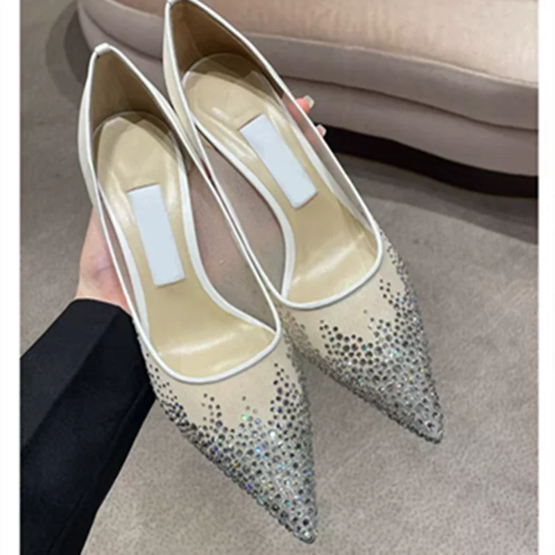 Mesh Pointed Shallow Mouth Sexy Pump Heels Stiletto Shoes Bridal Shoes