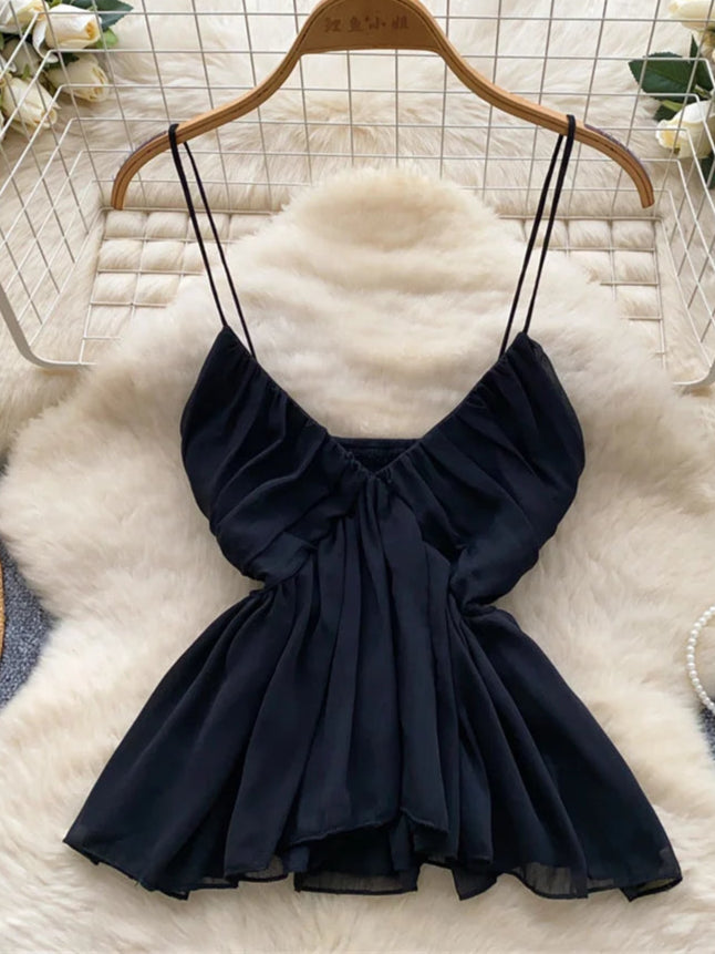 Chiffon Tops Straps Deep V Backless Top Ruffles Short Tank Top Vacation Style Sexy Tops