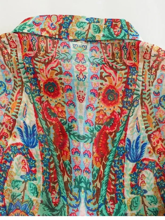 Women Vintage Totem Flower Print Pleated Puff Sleeve Blouse Breasted Shirt