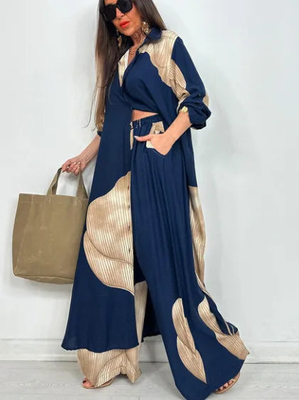 Elegant Lady Two Piece Set Printed Long Shirt Top + Wide Leg Pants 2-piece Outfit Oversized Sets