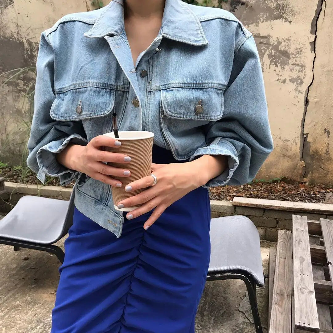 Denim Coats Jackets Women Puff Long Sleeve Y2k Clothes Cropped Jacket