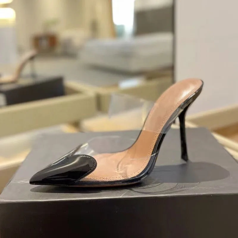 Transparent PVC Mixed-color Women Pumps Elegant Pointed toe Thin High heels Slingbacks Mules Party Prom Shoes