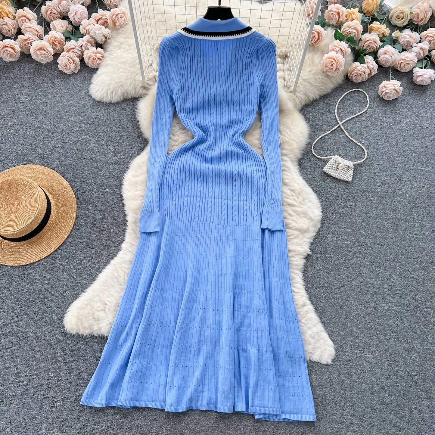 Women Polo Dress Single Breasted Pocket Design Bodycon Knitted Dress Sweater Midi Dress