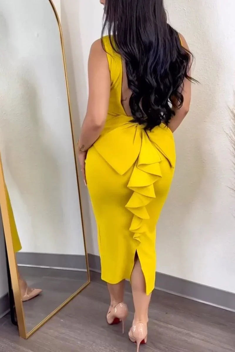 Sexy Plunging V-neck Backless Bowknot Ruffles Bodycon Midi Dresses for Women Party Night Elegant Club Celebrity Prom Dress